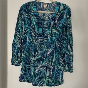 Women’s beach coverup, blue and green tropical